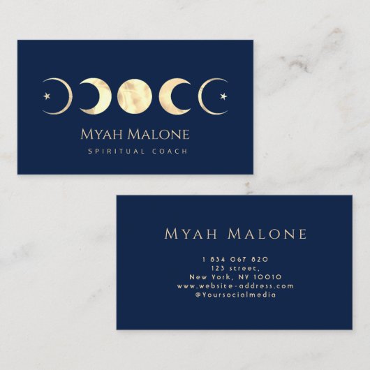 Navy Blue & Gold Moon Phase Yoga Spirituele Coach Visitekaartje (Voorkant / Achterkant)