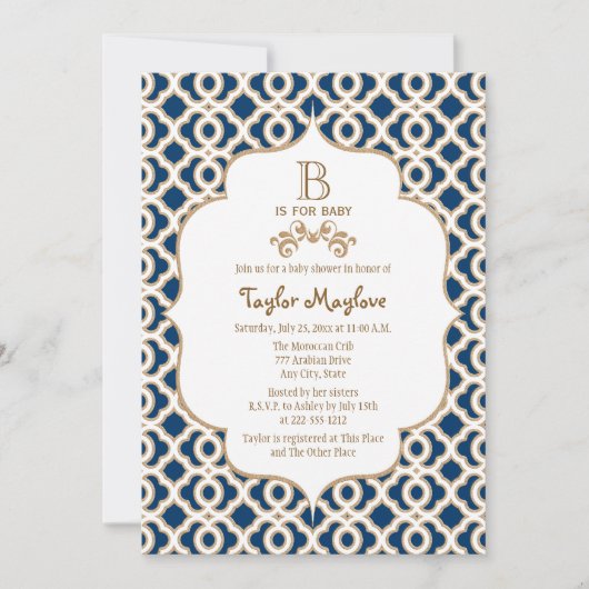 Navy Blue Gold Moroccan Gender Neutral Baby shower Kaart (Voorkant)