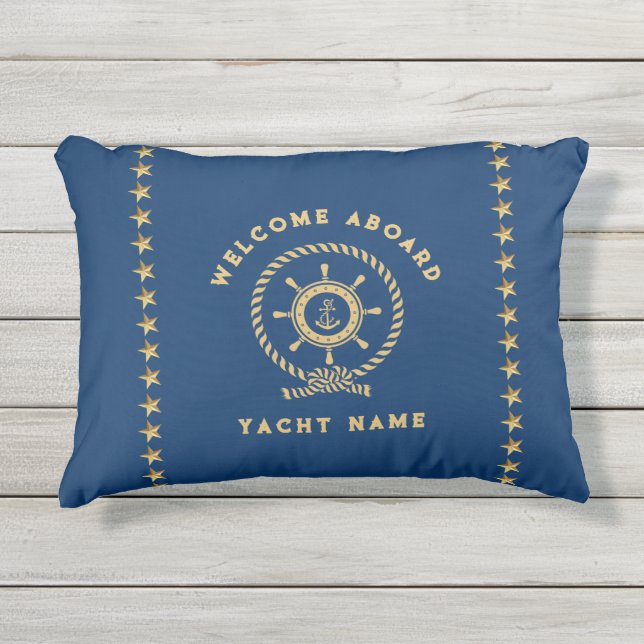 Navy Blue Gold Nautical Boat Wheel Knot Sterren Buitenkussen (Voorkant)