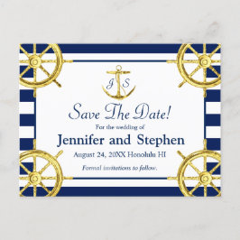 Navy Blue Gold Nautical Wedding Save the Date Aankondigingskaart