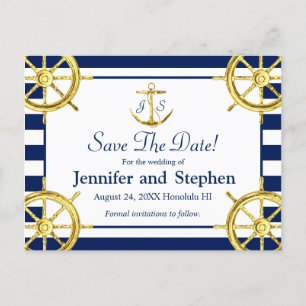 Navy Blue Gold Nautical Wedding Save the Date Aankondigingskaart
