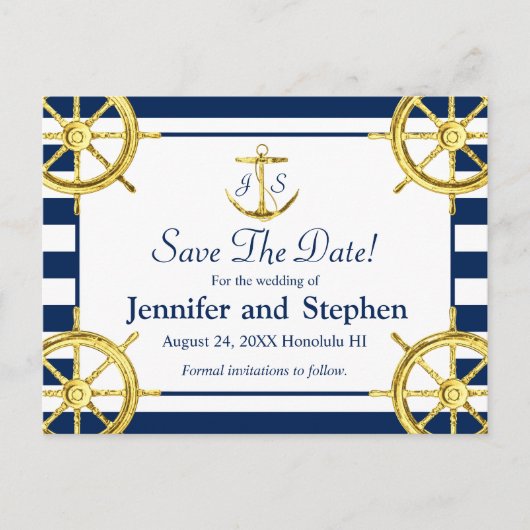 Navy Blue Gold Nautical Wedding Save the Date Aankondigingskaart (Voorkant)