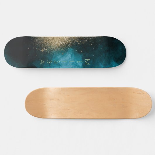 Navy Blue Gold Nebula Monogram Skateboard (Horizontaal)