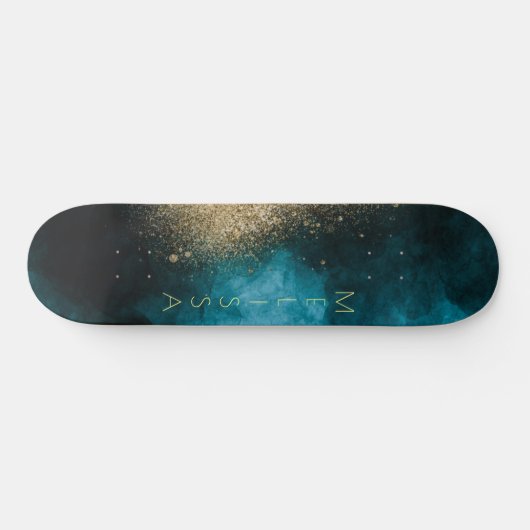 Navy Blue Gold Nebula Monogram Skateboard (Horizontaal)