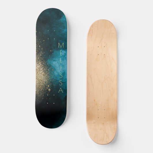 Navy Blue Gold Nebula Monogram Skateboard (Voorkant)