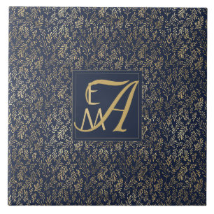 Navy Blue Gold Newly Weds Wedding Monogram Decor Tegeltje