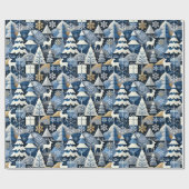 Navy Blue Gold Nordic Christmas Forest Pattern Cadeaupapier (Vlak)