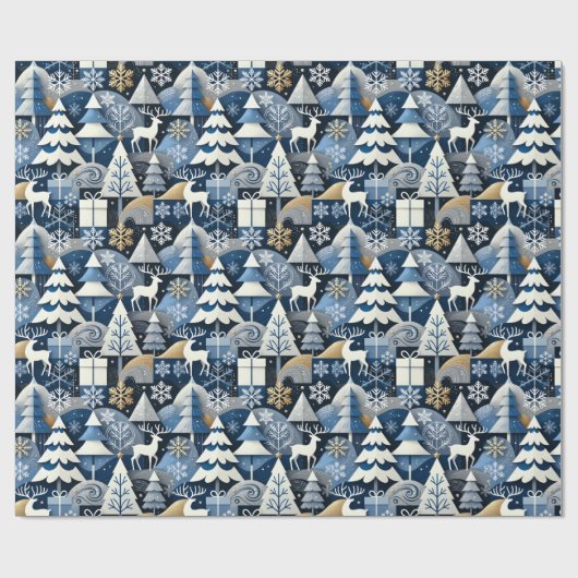 Navy Blue Gold Nordic Christmas Forest Pattern Cadeaupapier (Vlak)