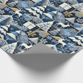 Navy Blue Gold Nordic Christmas Forest Pattern Cadeaupapier (Hoek)