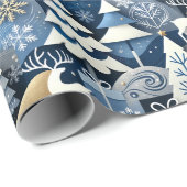 Navy Blue Gold Nordic Christmas Forest Pattern Cadeaupapier (Rol Hoek)
