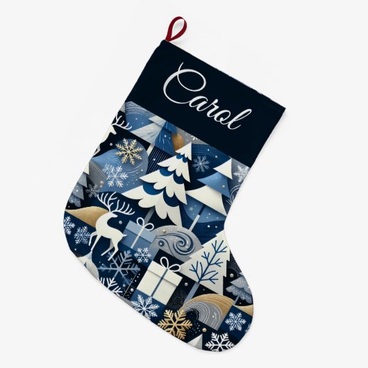 Navy Blue Gold Nordic Christmas Forest Pattern Grote Kerstsok (Voorkant (Hangend))