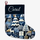 Navy Blue Gold Nordic Christmas Forest Pattern Grote Kerstsok (Voorkant)