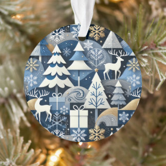 Navy Blue Gold Nordic Christmas Forest Pattern Ornament