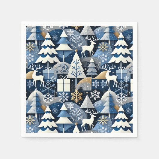 Navy Blue Gold Nordic Christmas Forest Pattern Servet (Voorkant)