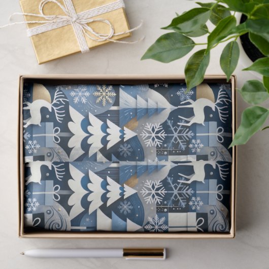 Navy Blue Gold Nordic Christmas Forest Pattern Tissuepapier (Geschenk)