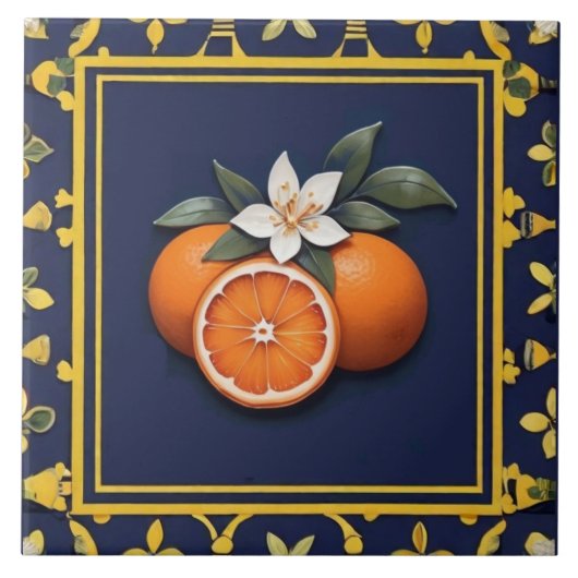 Navy Blue & Gold Oranges Mediterranean Fruit Tegeltje (Voorkant)