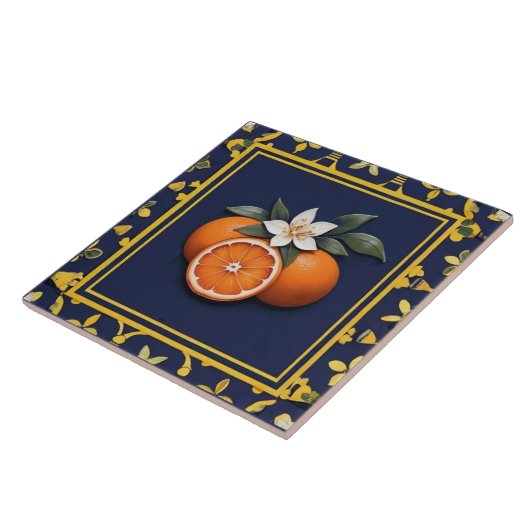 Navy Blue & Gold Oranges Mediterranean Fruit Tegeltje (Zijkant)