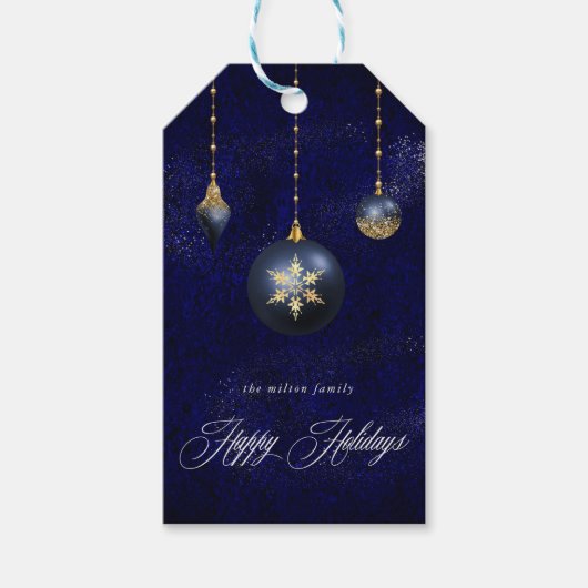 Navy Blue Gold Ornament Vakantie Cadeaulabel (Voorkant)
