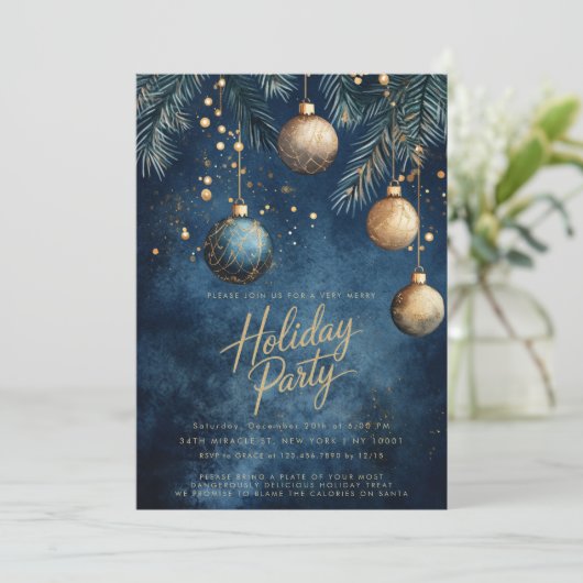 Navy Blue Gold Ornamenten Baubles Kerstvakantie Kaart (Staand voorkant)