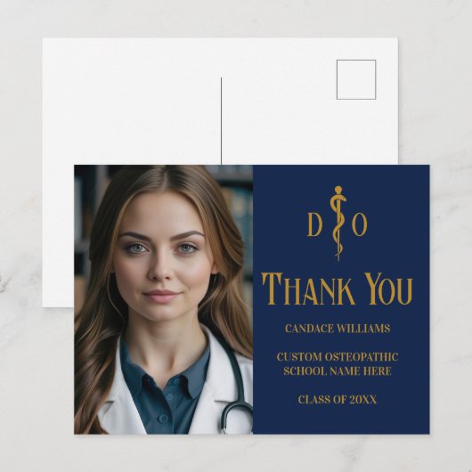 Navy Blue Gold Osteopathic Doctor Foto Dank u Briefkaart (Voorkant / Achterkant)