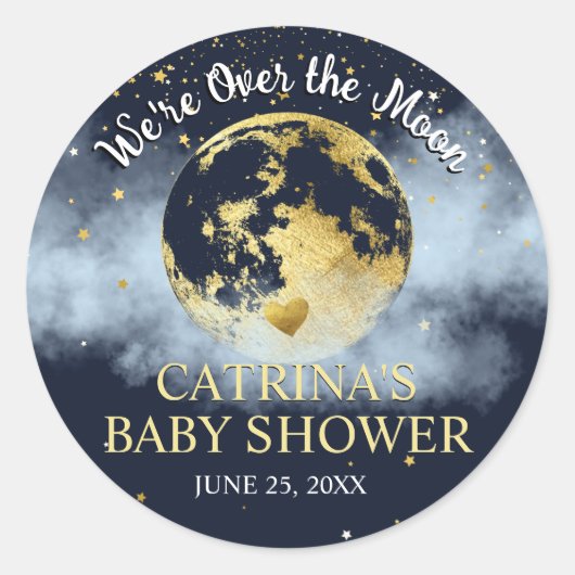 Navy Blue Gold Over the Moon Baby shower Sticker (Voorkant)