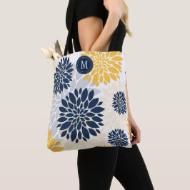 Navy Blue Gold Oversize Floral Monogram Tote Bag