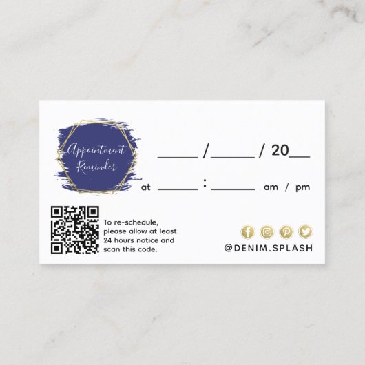 Navy Blue & Gold Paint Stroke Client Afspraak Visitekaartje (Achterkant)