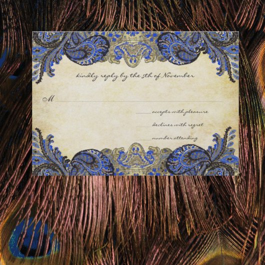 Navy Blue Gold Paisley Peacock Colors Wedding RSVP