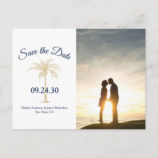 Navy Blue Gold Palm Tree Weddenschap Save Date Fot Aankondigingskaart (Voorkant)