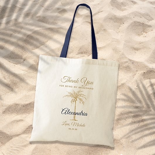 Navy Blue Gold Palm Tree Weddenschap Tote Bag