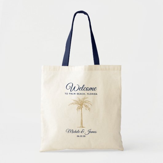 Navy Blue Gold Palm Tree Weddenschap Welkom Tote Bag (Voorkant)