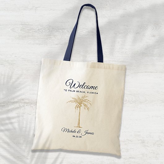 Navy Blue Gold Palm Tree Weddenschap Welkom Tote Bag