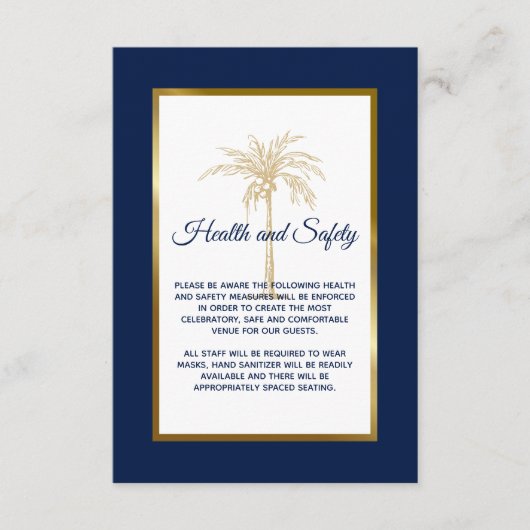 Navy Blue Gold Palm Tree Wedding Health and Safety Informatiekaartje (Voorkant)