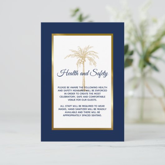 Navy Blue Gold Palm Tree Wedding Health and Safety Informatiekaartje (Staand voorkant)