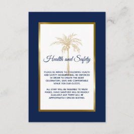 Navy Blue Gold Palm Tree Wedding Health and Safety Informatiekaartje