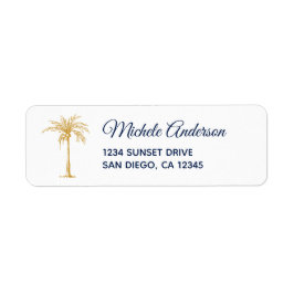 Navy Blue Gold Palm Tree Wedding Return-adres Etiket