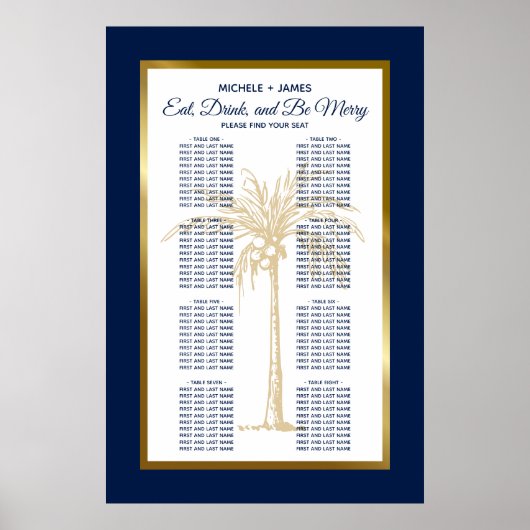 Navy Blue Gold Palm Tropical Wedding Seating Chart Poster (Voorkant)