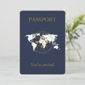 Navy Blue Gold Passport Destination Wedding QR Kaart (Staand voorkant)