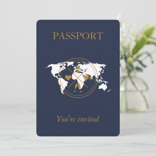 Navy Blue Gold Passport Destination Wedding QR Kaart (Staand voorkant)