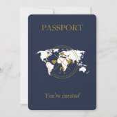 Navy Blue Gold Passport Destination Wedding QR Kaart (Voorkant)