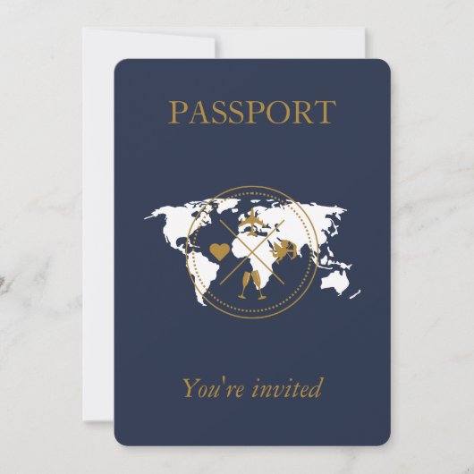 Navy Blue Gold Passport Destination Wedding QR Kaart (Voorkant)