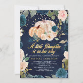 Navy Blue Gold Peach Floral Pumpkin Baby shower Kaart (Voorkant)