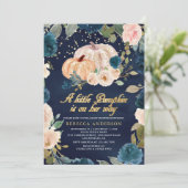 Navy Blue Gold Peach Floral Pumpkin Baby shower Kaart (Staand voorkant)
