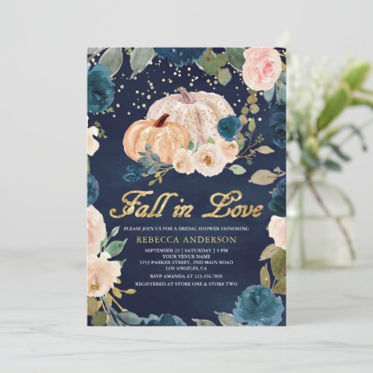 Navy Blue Gold Peach Floral Pumpkin Vrijgezellenfe Kaart (Staand voorkant)