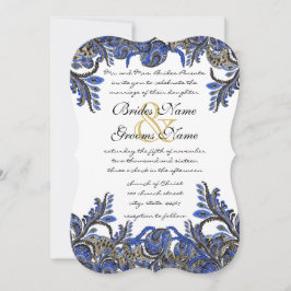 Navy Blue & Gold Peacock Paisley Wedding Invite Kaart