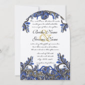 Navy Blue & Gold Peacock Paisley Wedding Invite Kaart (Voorkant)