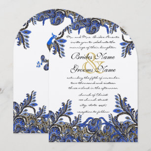 Navy Blue & Gold Peacock Paisley Wedding Invite Kaart