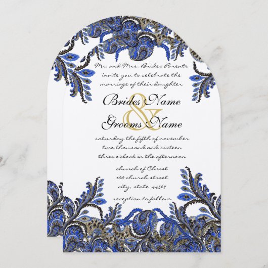Navy Blue & Gold Peacock Paisley Wedding Invite Kaart (Voorkant / Achterkant)