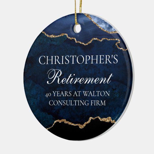Navy Blue Gold Pensioen Gepersonaliseerde Kerst Keramisch Ornament (Links)