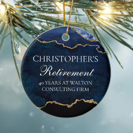 Navy Blue Gold Pensioen Gepersonaliseerde Kerst Keramisch Ornament